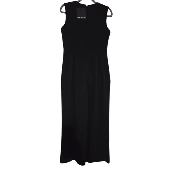 Halston‎ Black Wide Leg Gold Chain Waist Detail Jumpsuit Size 6 New - Picture 3 of 11